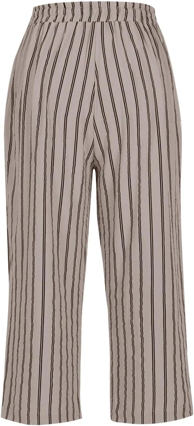 Linen Capri Pants for Women Summer Elastic Waist Casual Straight Leg Drawstring Beach Cropped Trousers with Pockets
