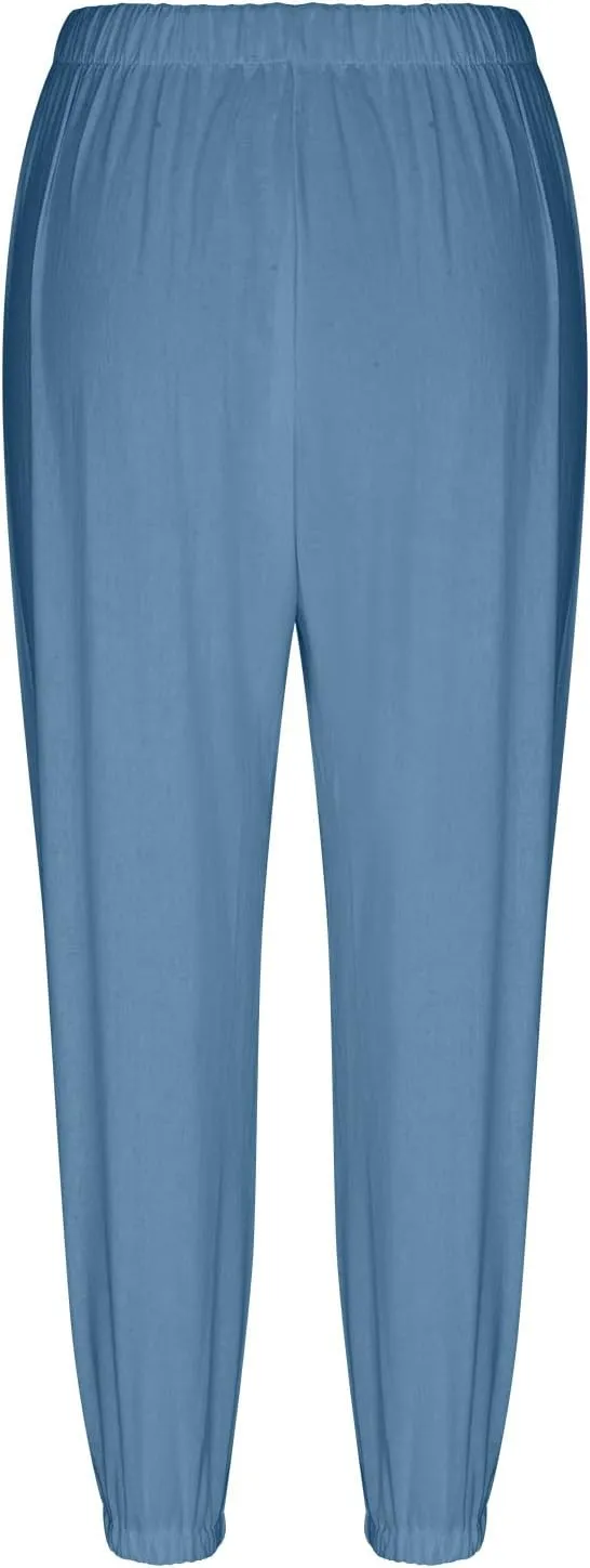 Linen Capri Pants Women 2025 Summer High Waisted Casual Pants Loose Drawstring Wide Leg Slacks Trousers with Pockets