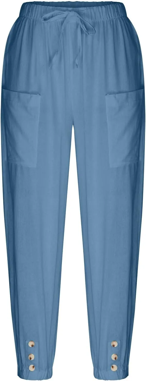 Linen Capri Pants Women 2025 Summer High Waisted Casual Pants Loose Drawstring Wide Leg Slacks Trousers with Pockets