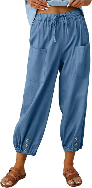 Linen Capri Pants Women 2025 Summer High Waisted Casual Pants Loose Drawstring Wide Leg Slacks Trousers with Pockets