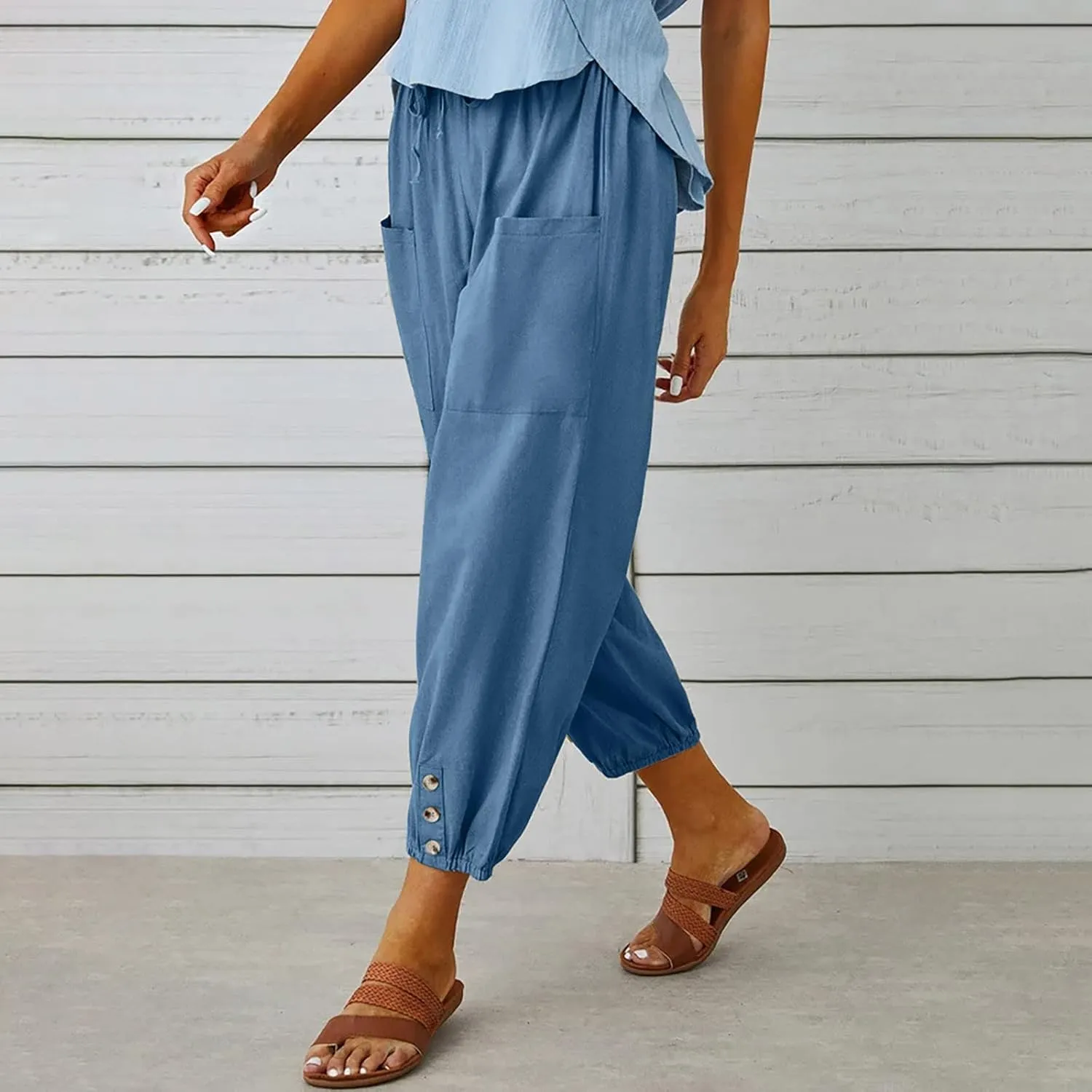 Linen Capri Pants Women 2025 Summer High Waisted Casual Pants Loose Drawstring Wide Leg Slacks Trousers with Pockets