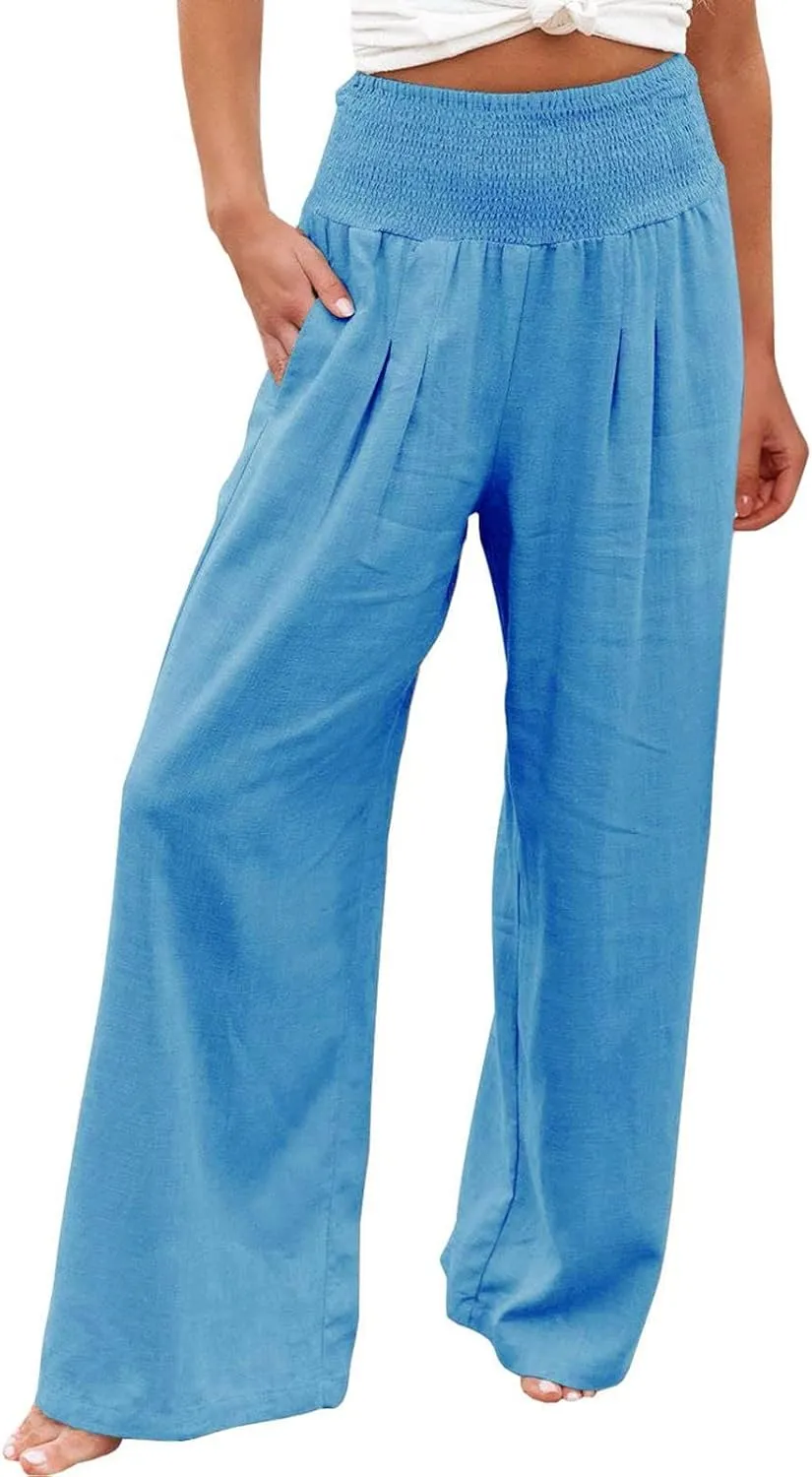 Linen Palazzo Pants For Women Summer Boho Wide Leg High Waist Trousers Casual Lounge Pants Trousers with Pockets