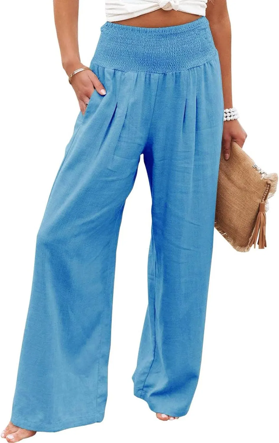 Linen Palazzo Pants For Women Summer Boho Wide Leg High Waist Trousers Casual Lounge Pants Trousers with Pockets