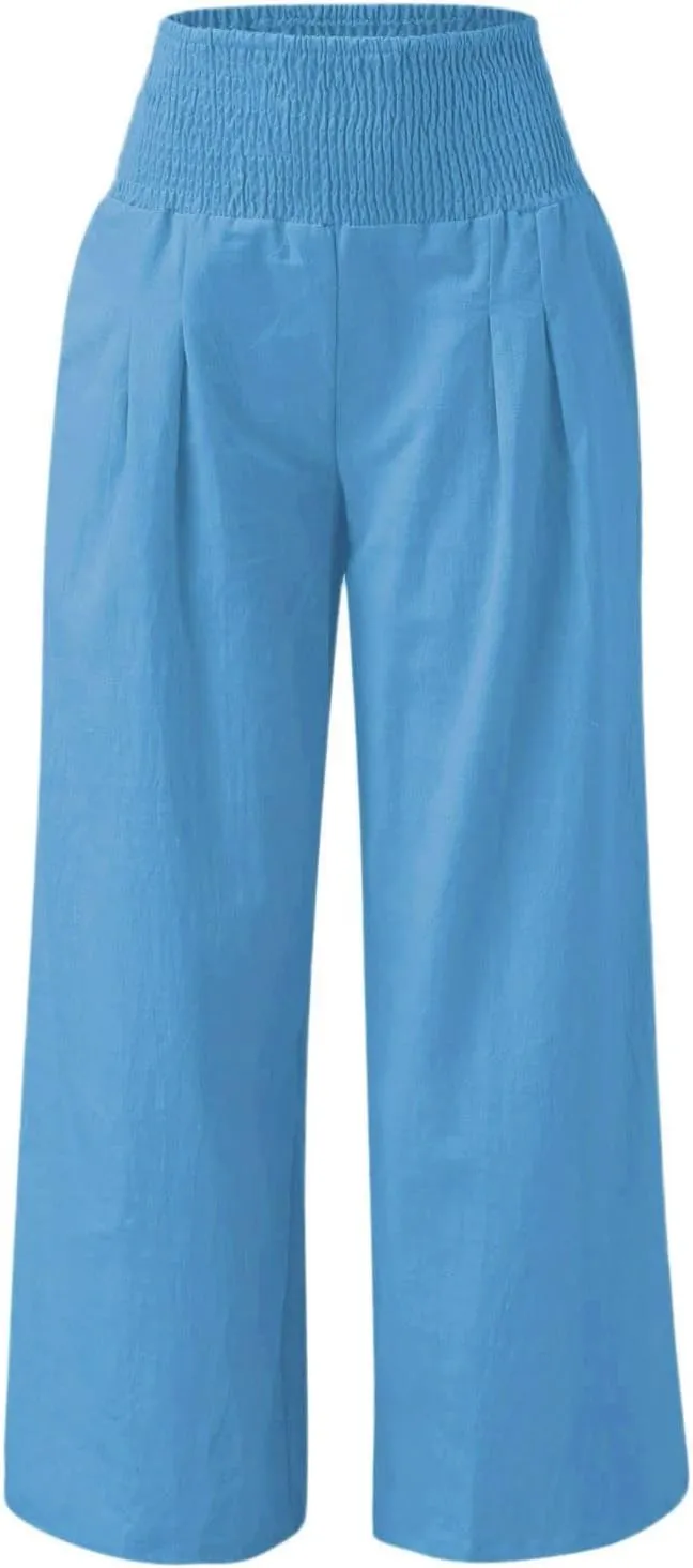 Linen Palazzo Pants For Women Summer Boho Wide Leg High Waist Trousers Casual Lounge Pants Trousers with Pockets