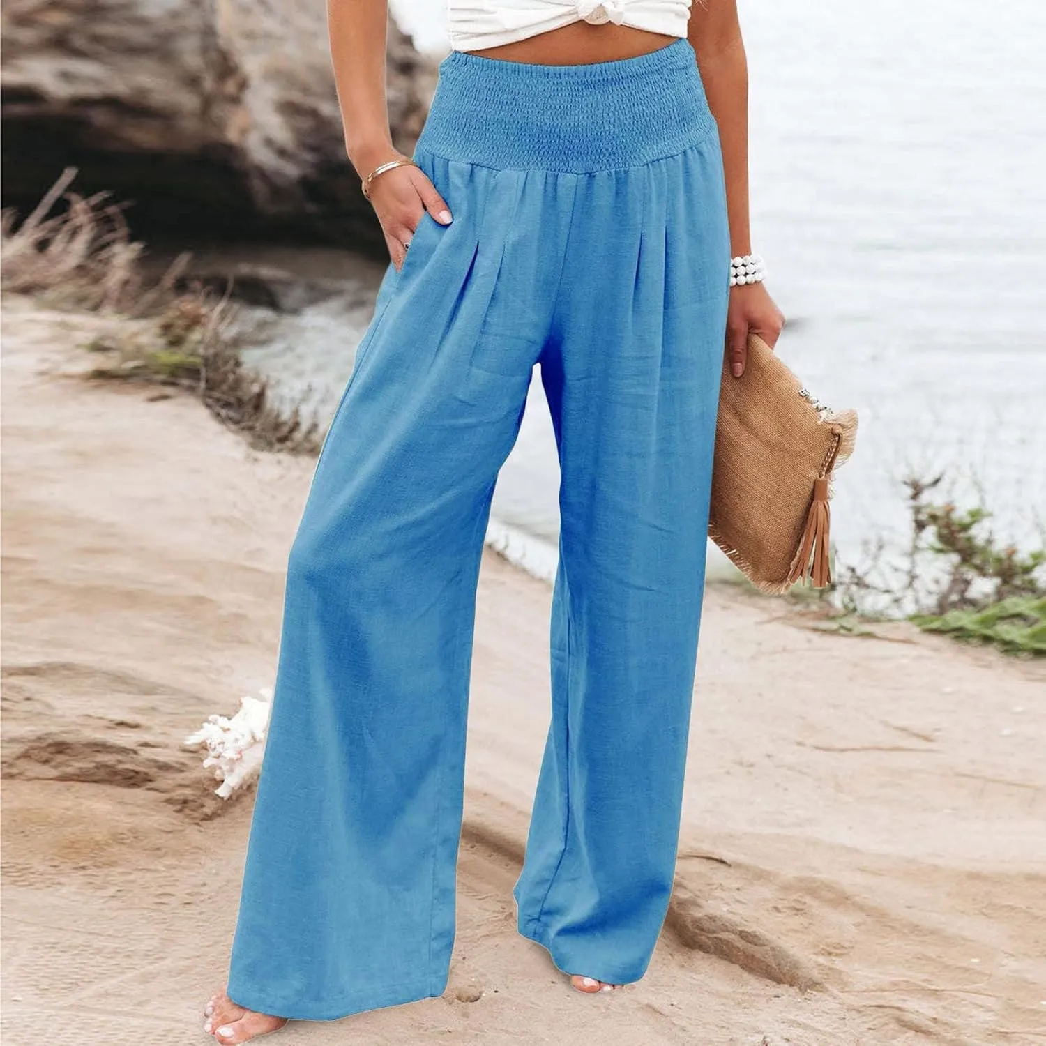 Linen Palazzo Pants For Women Summer Boho Wide Leg High Waist Trousers Casual Lounge Pants Trousers with Pockets