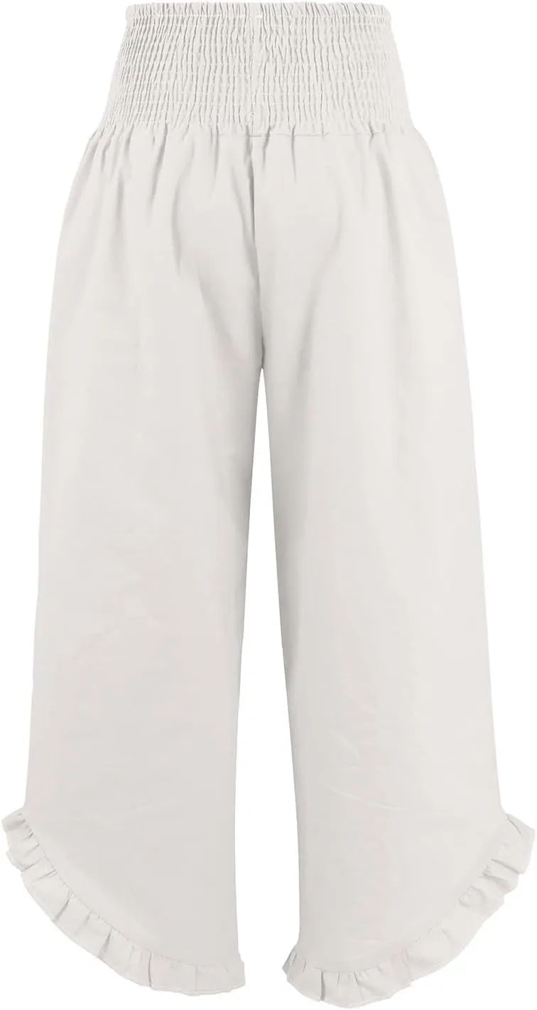 Linen Palazzo Pants Women High Waisted Wide Leg Casual Beach Elastic Waist Summer Ruffle Cropped Pants with Pockets