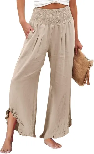 Linen Palazzo Pants Women High Waisted Wide Leg Casual Beach Elastic Waist Summer Ruffle Cropped Pants with Pockets