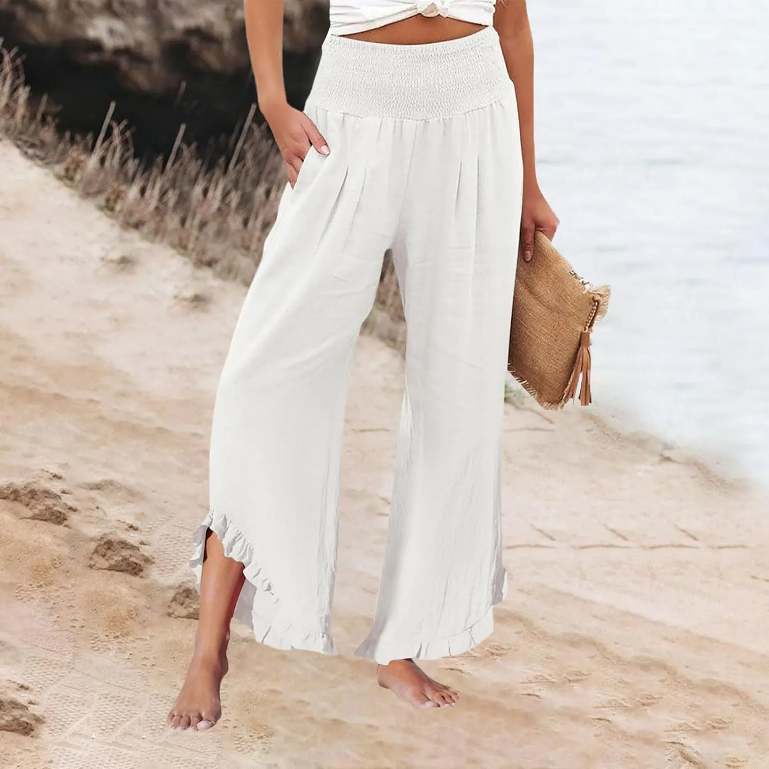 Linen Palazzo Pants Women High Waisted Wide Leg Casual Beach Elastic Waist Summer Ruffle Cropped Pants with Pockets