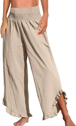 Linen Palazzo Pants Women High Waisted Wide Leg Casual Beach Elastic Waist Summer Ruffle Cropped Pants with Pockets