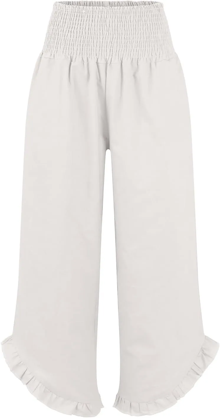Linen Palazzo Pants Women High Waisted Wide Leg Casual Beach Elastic Waist Summer Ruffle Cropped Pants with Pockets
