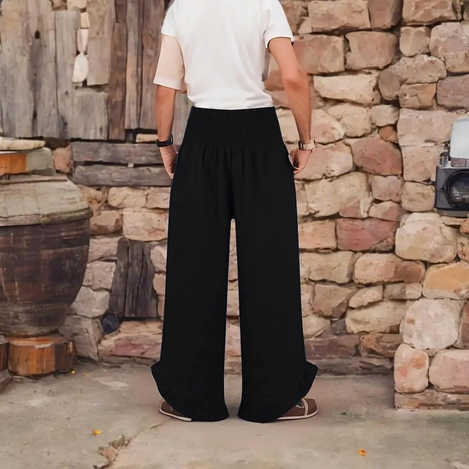 Linen Palazzo Pants Women High Waisted Wide Leg Casual Beach Elastic Waist Summer Ruffle Cropped Pants with Pockets