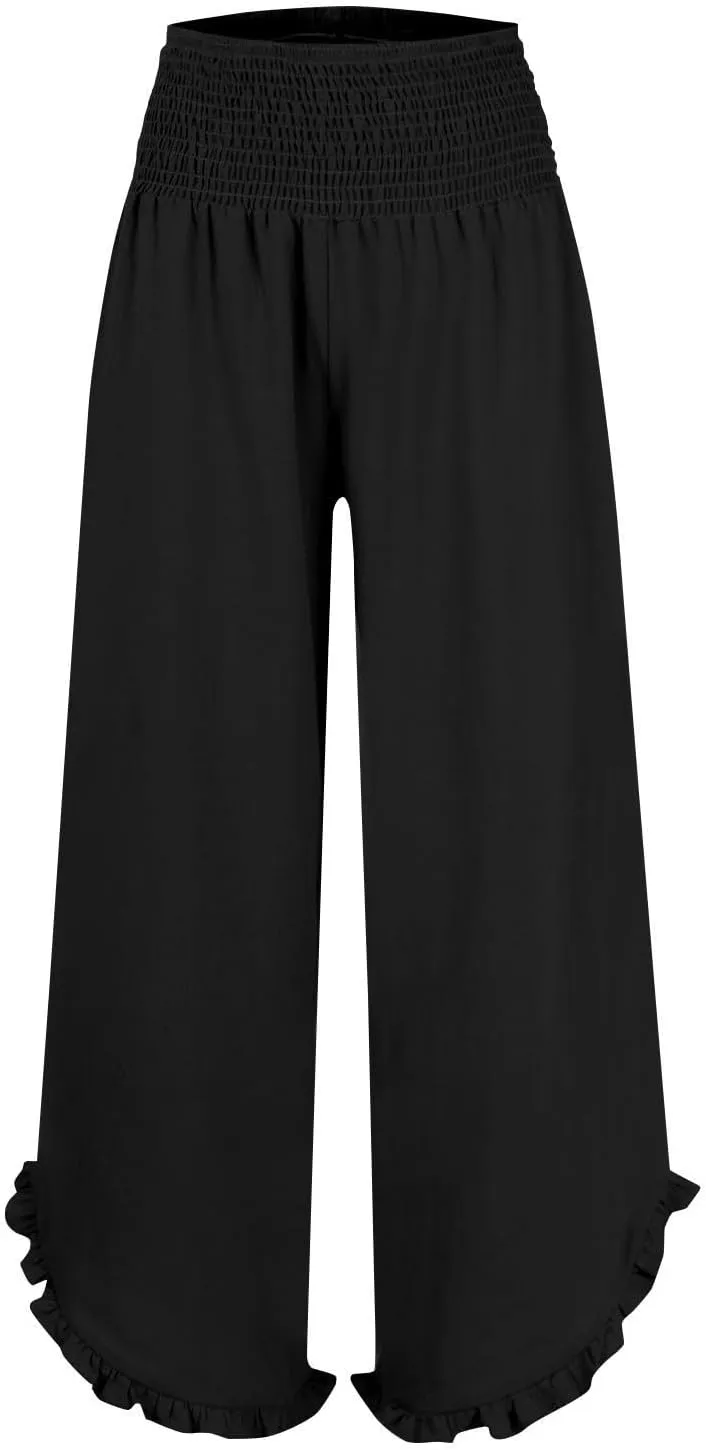Linen Palazzo Pants Women High Waisted Wide Leg Casual Beach Elastic Waist Summer Ruffle Cropped Pants with Pockets