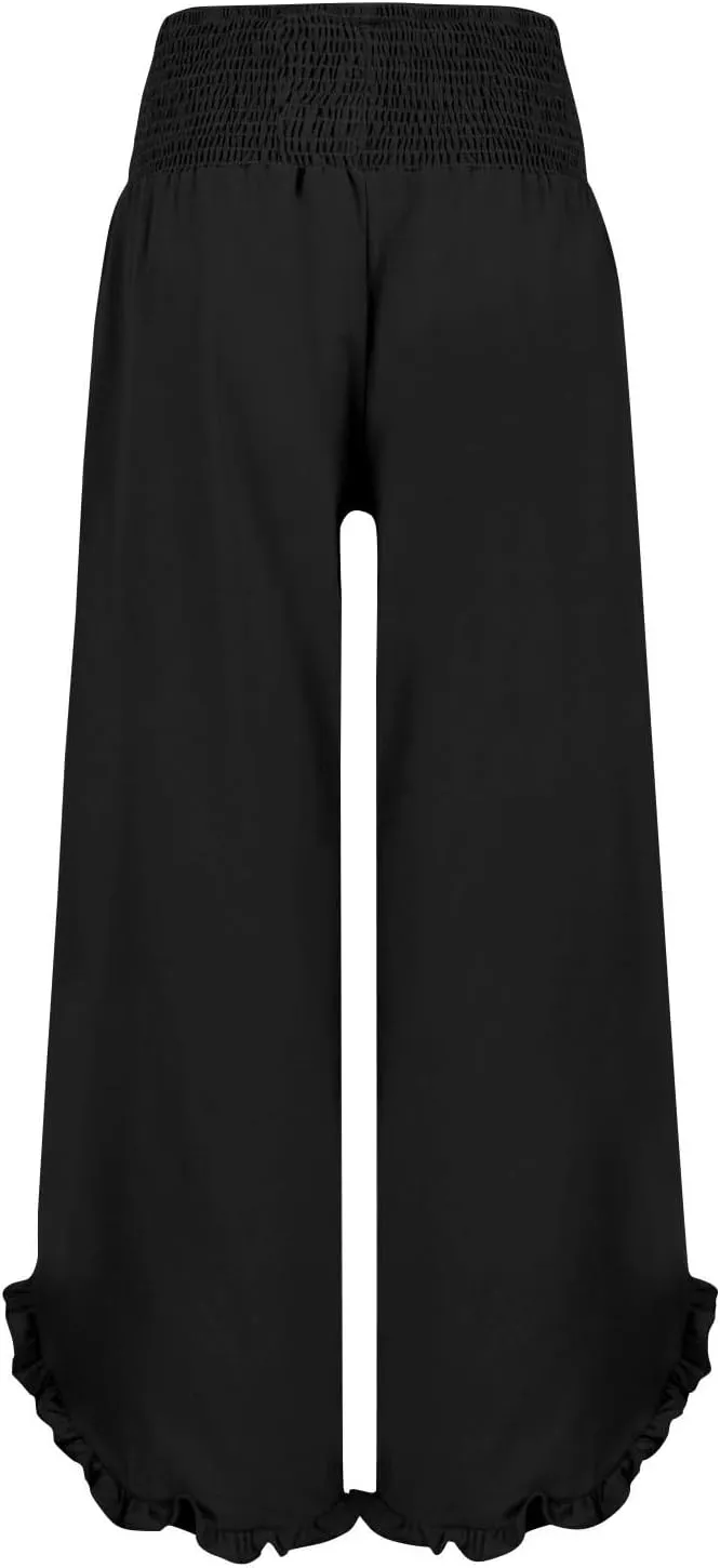 Linen Palazzo Pants Women High Waisted Wide Leg Casual Beach Elastic Waist Summer Ruffle Cropped Pants with Pockets