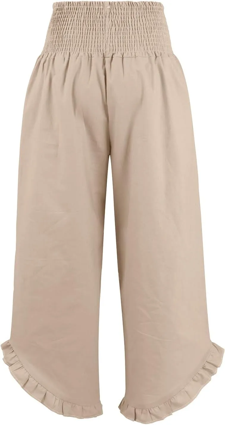 Linen Palazzo Pants Women High Waisted Wide Leg Casual Beach Elastic Waist Summer Ruffle Cropped Pants with Pockets