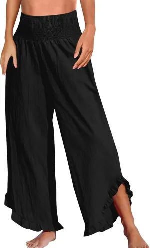 Linen Palazzo Pants Women High Waisted Wide Leg Casual Beach Elastic Waist Summer Ruffle Cropped Pants with Pockets
