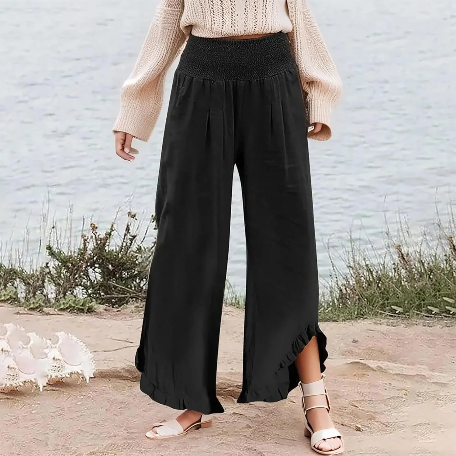 Linen Palazzo Pants Women High Waisted Wide Leg Casual Beach Elastic Waist Summer Ruffle Cropped Pants with Pockets