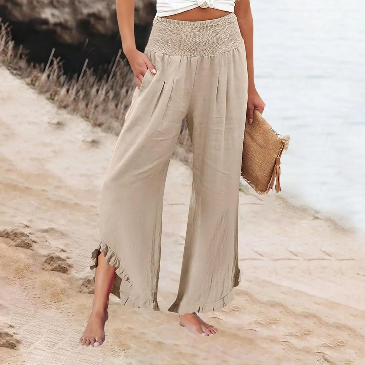 Linen Palazzo Pants Women High Waisted Wide Leg Casual Beach Elastic Waist Summer Ruffle Cropped Pants with Pockets