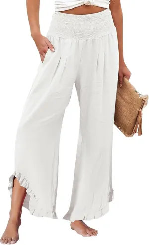 Linen Palazzo Pants Women High Waisted Wide Leg Casual Beach Elastic Waist Summer Ruffle Cropped Pants with Pockets