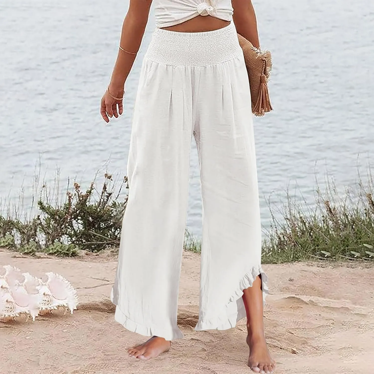 Linen Palazzo Pants Women High Waisted Wide Leg Casual Beach Elastic Waist Summer Ruffle Cropped Pants with Pockets