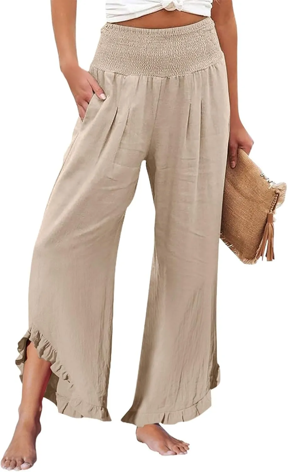 Linen Palazzo Pants Women High Waisted Wide Leg Casual Beach Elastic Waist Summer Ruffle Cropped Pants with Pockets