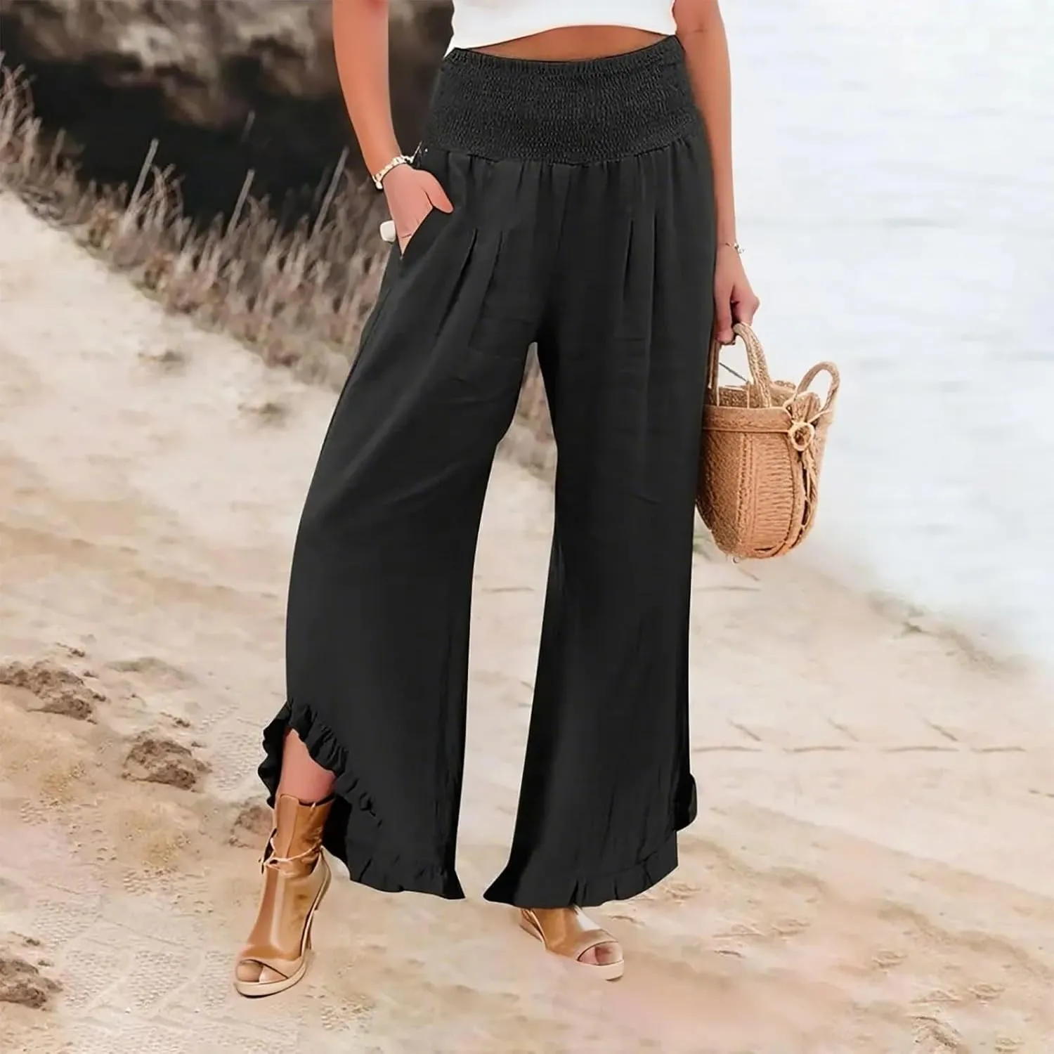 Linen Palazzo Pants Women High Waisted Wide Leg Casual Beach Elastic Waist Summer Ruffle Cropped Pants with Pockets
