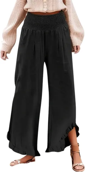Linen Palazzo Pants Women High Waisted Wide Leg Casual Beach Elastic Waist Summer Ruffle Cropped Pants with Pockets