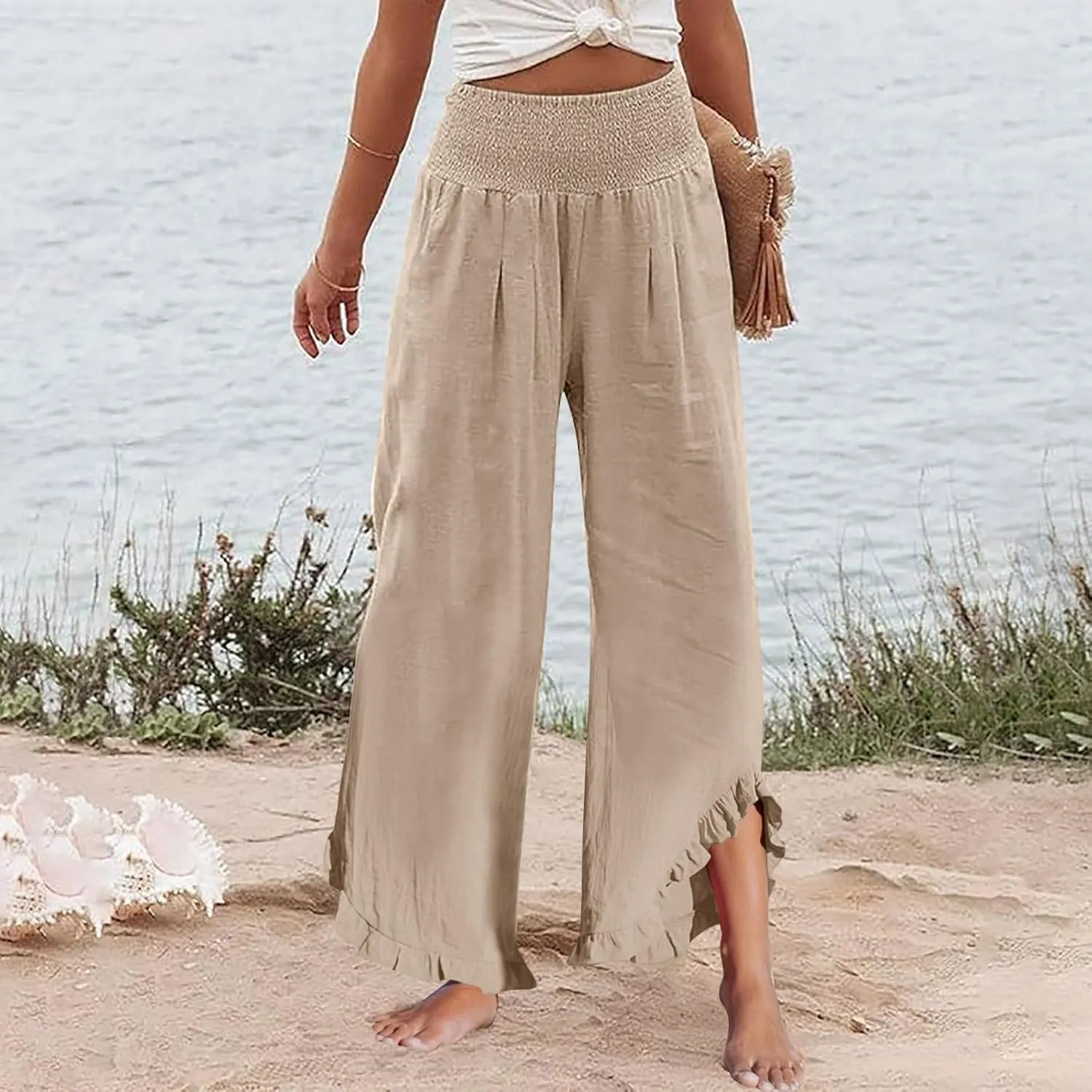 Linen Palazzo Pants Women High Waisted Wide Leg Casual Beach Elastic Waist Summer Ruffle Cropped Pants with Pockets