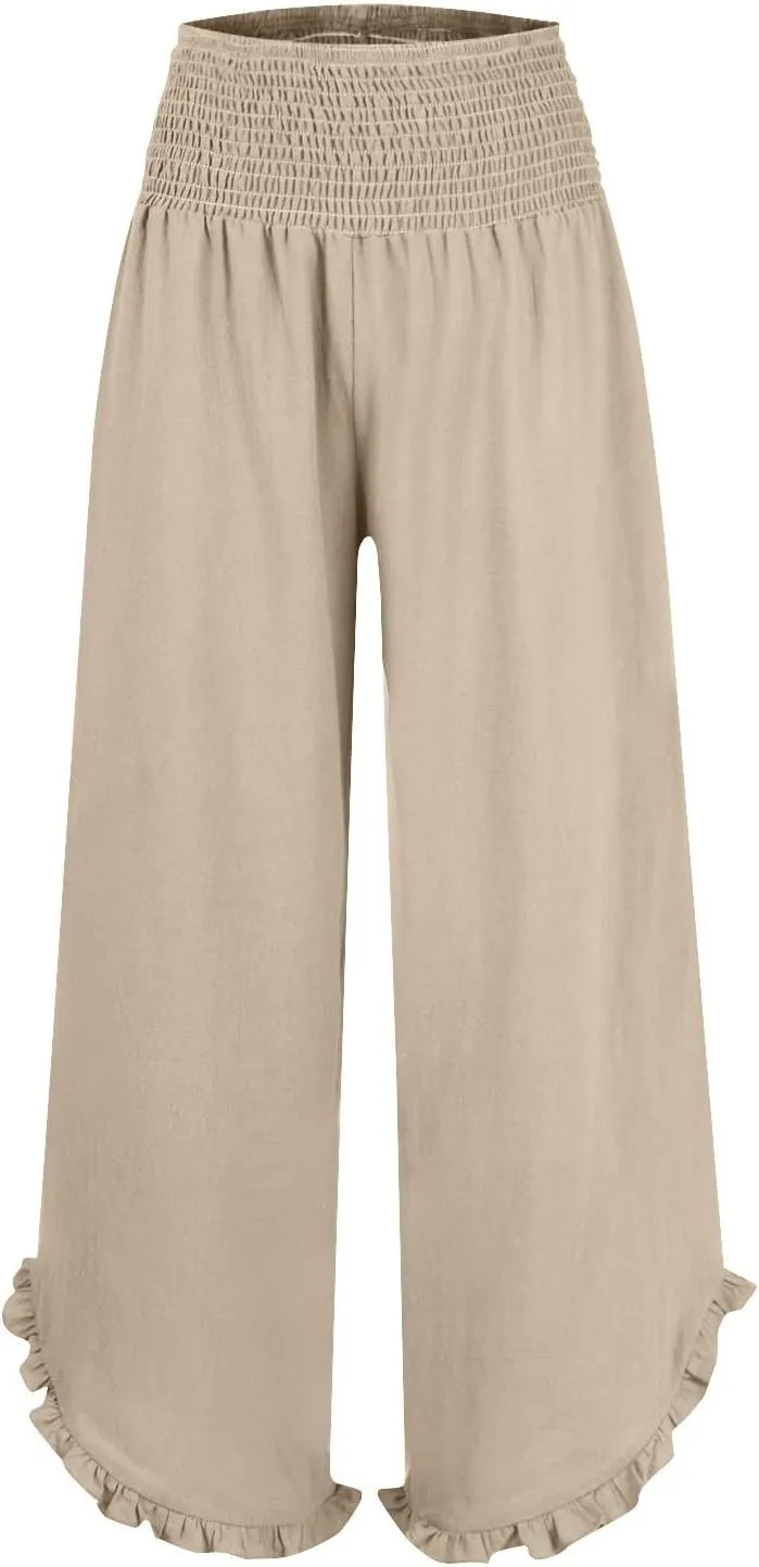 Linen Palazzo Pants Women High Waisted Wide Leg Casual Beach Elastic Waist Summer Ruffle Cropped Pants with Pockets