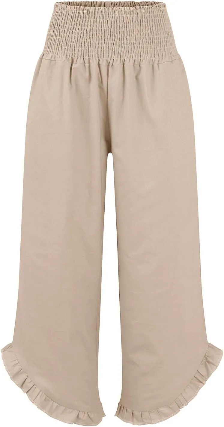Linen Palazzo Pants Women High Waisted Wide Leg Casual Beach Elastic Waist Summer Ruffle Cropped Pants with Pockets