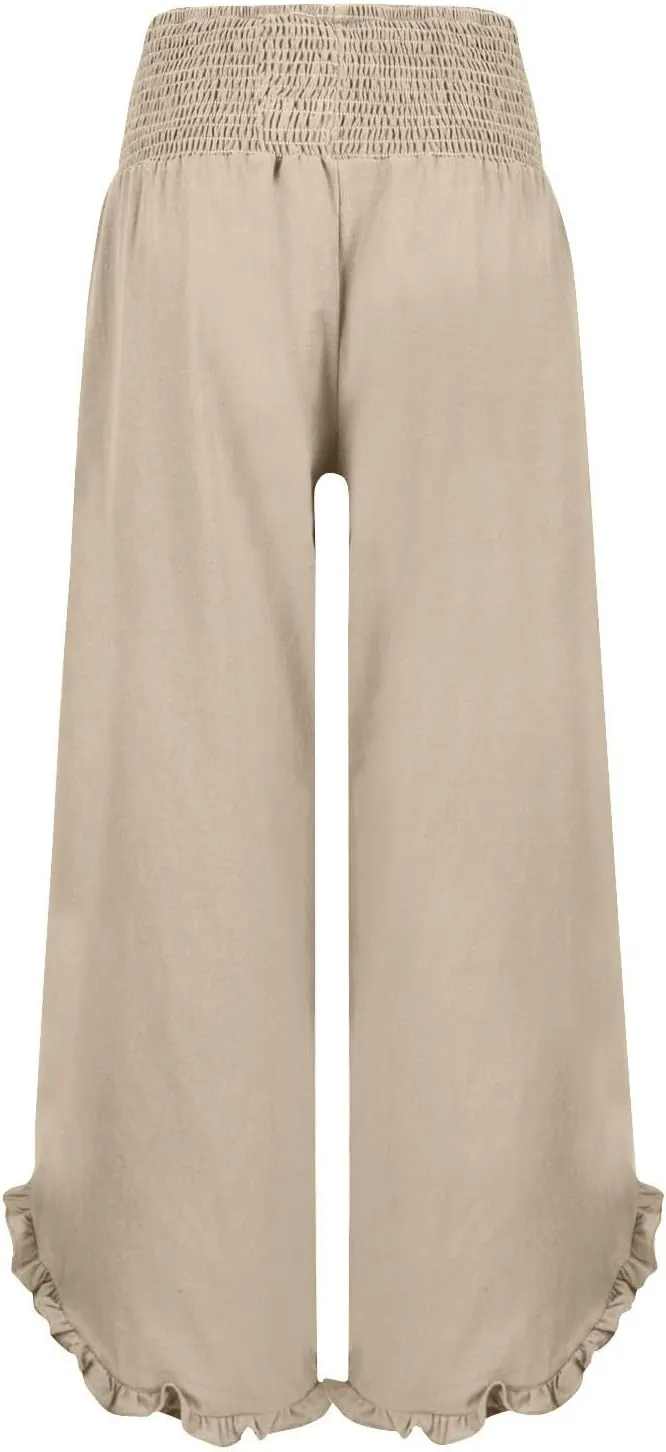 Linen Palazzo Pants Women High Waisted Wide Leg Casual Beach Elastic Waist Summer Ruffle Cropped Pants with Pockets