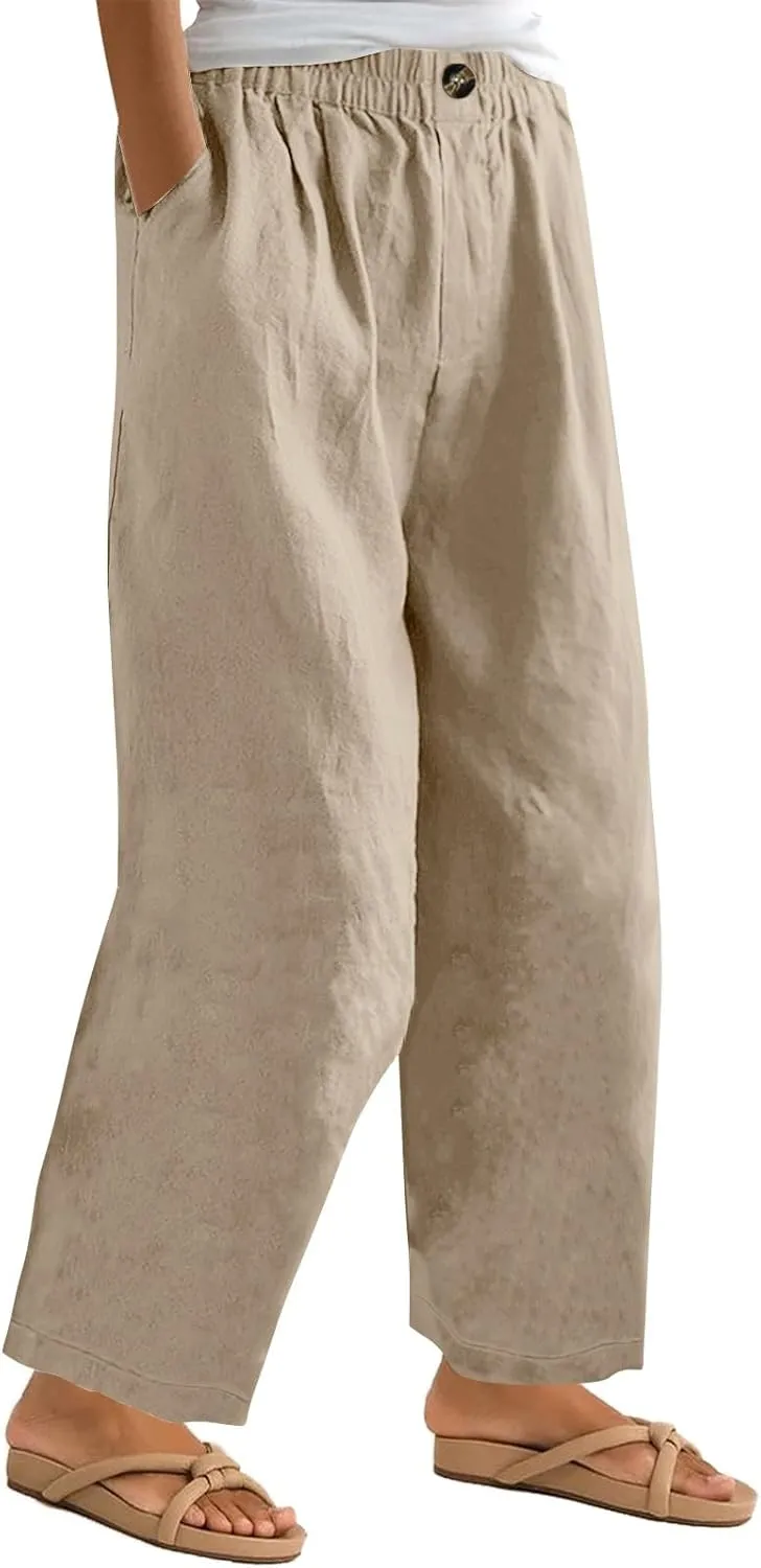 Linen Pants for Women Summer Lightweight Casual Loose Beach Long High Waisted Beach Harem Trousers with Pockets