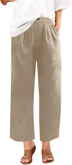 Linen Pants for Women Summer Lightweight Casual Loose Beach Long High Waisted Beach Harem Trousers with Pockets