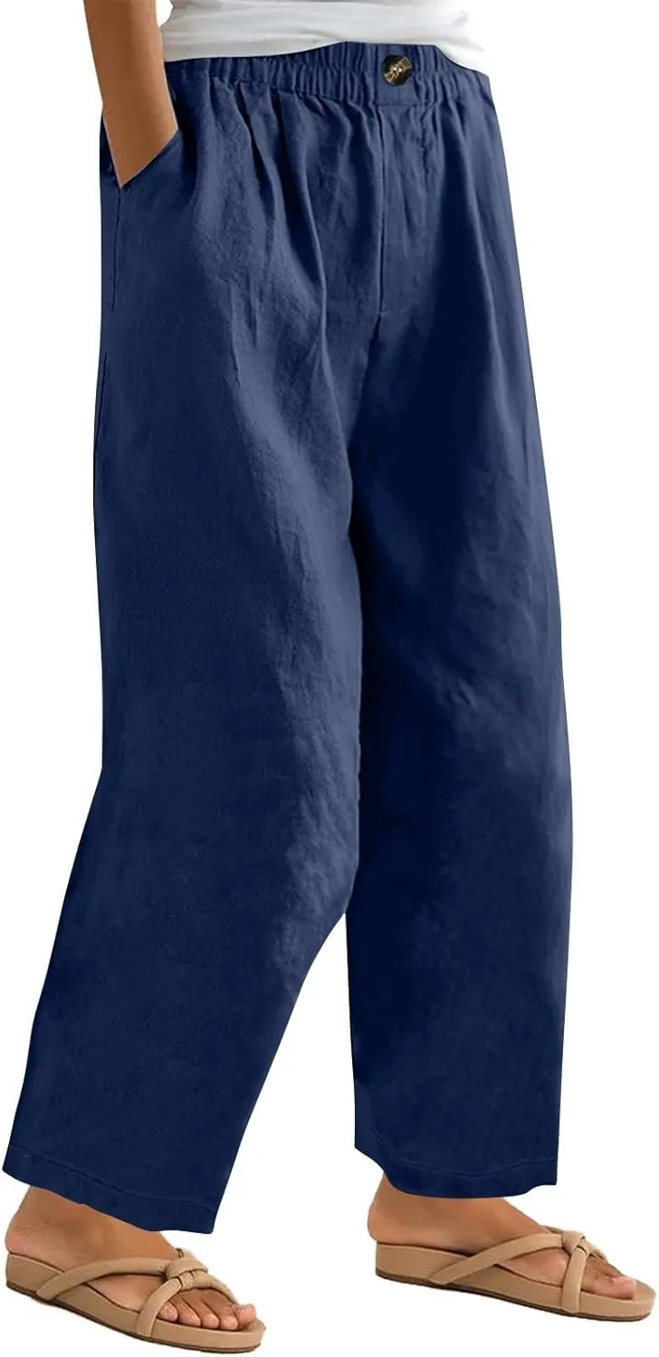 Linen Pants for Women Summer Lightweight Casual Loose Beach Long High Waisted Beach Harem Trousers with Pockets