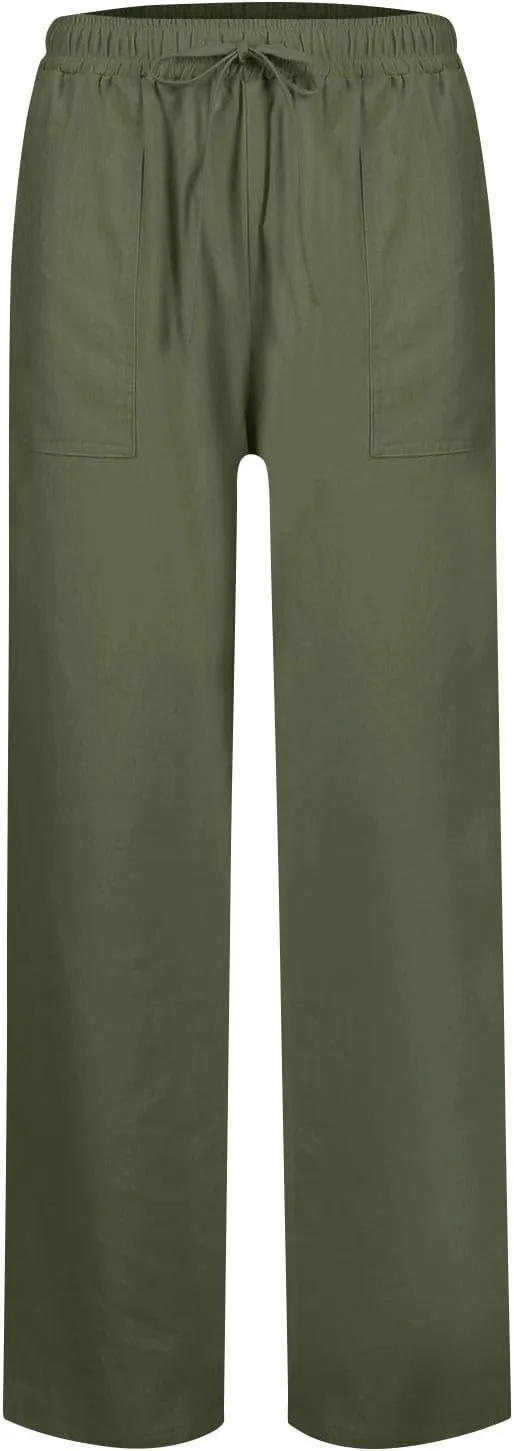 Linen Pants for Women Wide Leg Baggy Drawstring Elastic Waist Palazzo Trousers Pants with Pockets Summer 2025