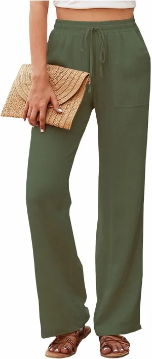 Linen Pants for Women Wide Leg Baggy Drawstring Elastic Waist Palazzo Trousers Pants with Pockets Summer 2025
