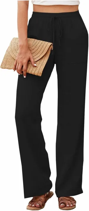 Linen Pants for Women Wide Leg Baggy Drawstring Elastic Waist Palazzo Trousers Pants with Pockets Summer 2025