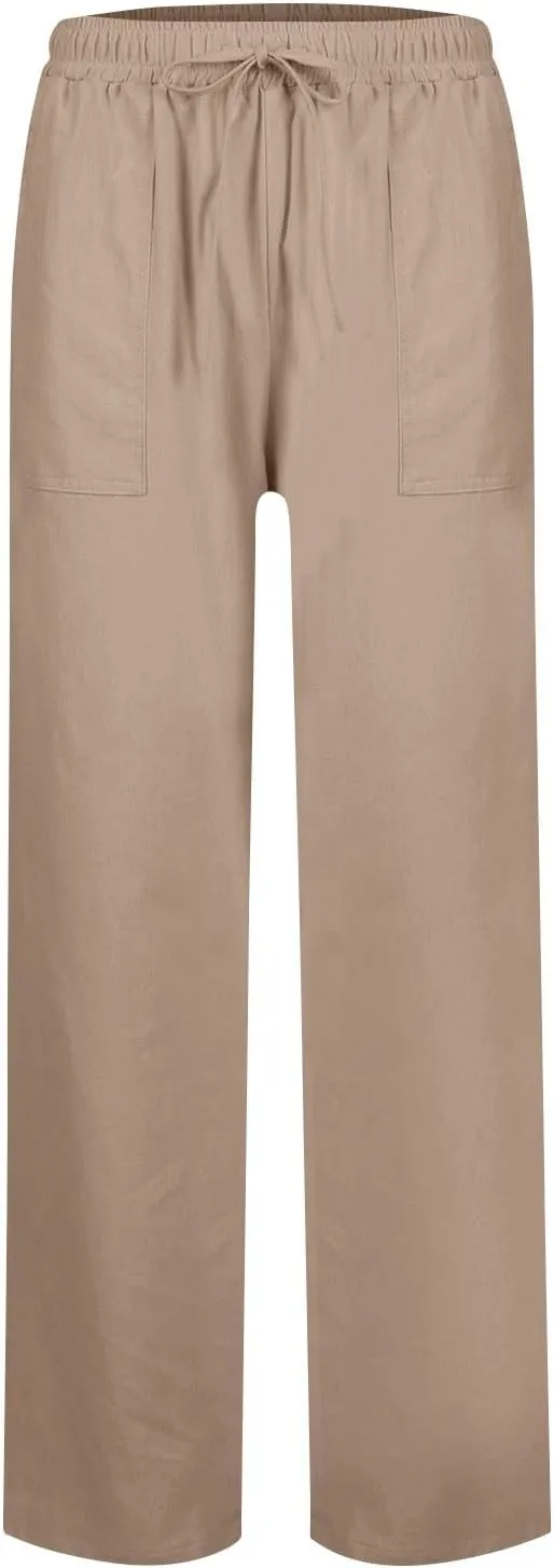 Linen Pants for Women Wide Leg Baggy Drawstring Elastic Waist Palazzo Trousers Pants with Pockets Summer 2025