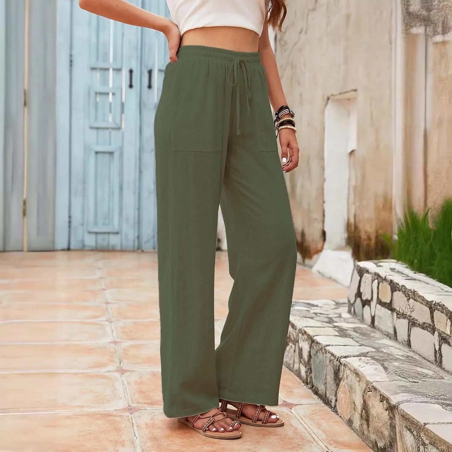 Linen Pants for Women Wide Leg Baggy Drawstring Elastic Waist Palazzo Trousers Pants with Pockets Summer 2025