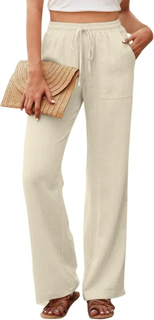 Linen Pants for Women Wide Leg Baggy Drawstring Elastic Waist Palazzo Trousers Pants with Pockets Summer 2025