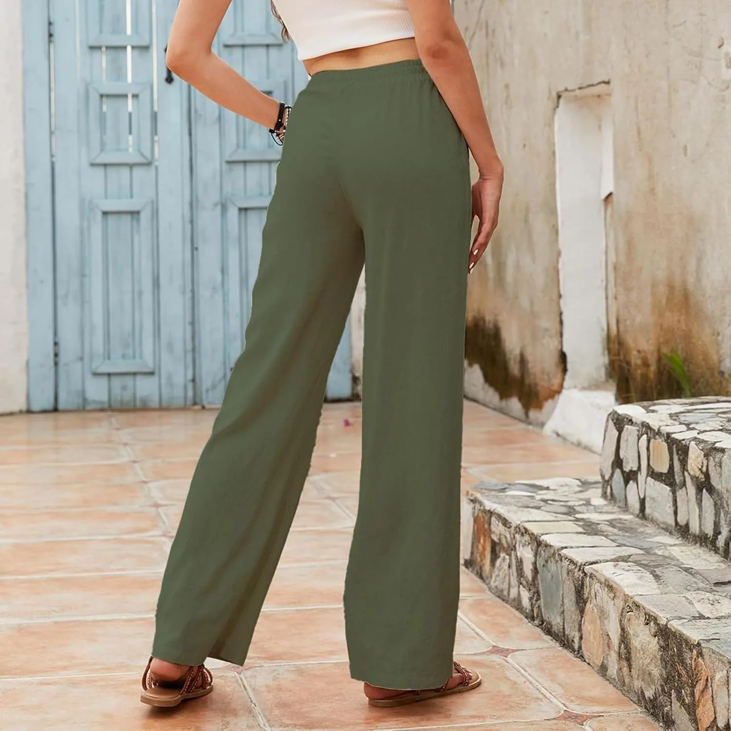 Linen Pants for Women Wide Leg Baggy Drawstring Elastic Waist Palazzo Trousers Pants with Pockets Summer 2025