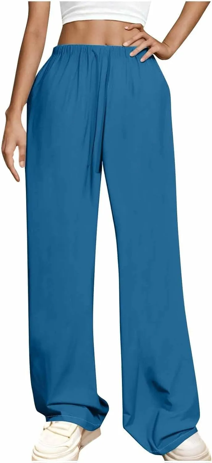 Linen Pants for Women Wide Leg Baggy Drawstring Elastic Waist Palazzo Trousers Pants with Pockets Summer 2025