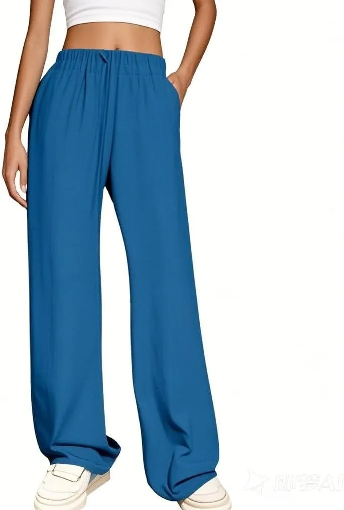 Linen Pants for Women Wide Leg Baggy Drawstring Elastic Waist Palazzo Trousers Pants with Pockets Summer 2025