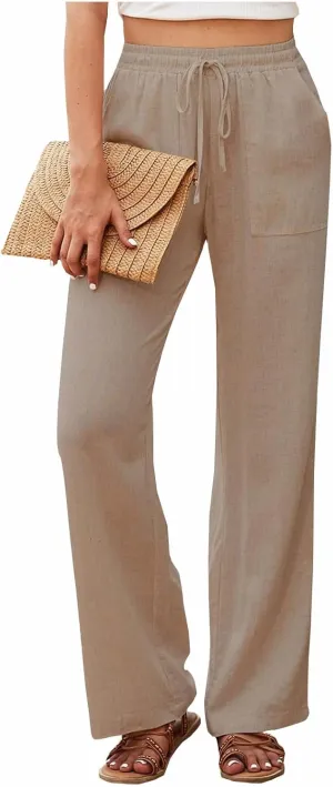 Linen Pants for Women Wide Leg Baggy Drawstring Elastic Waist Palazzo Trousers Pants with Pockets Summer 2025