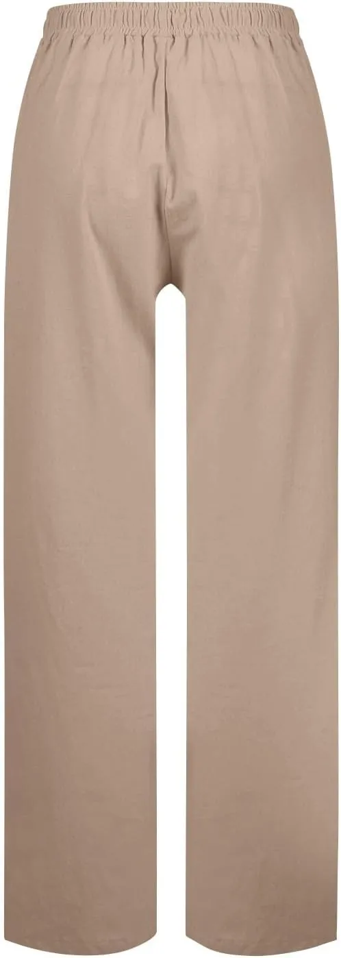 Linen Pants for Women Wide Leg Baggy Drawstring Elastic Waist Palazzo Trousers Pants with Pockets Summer 2025