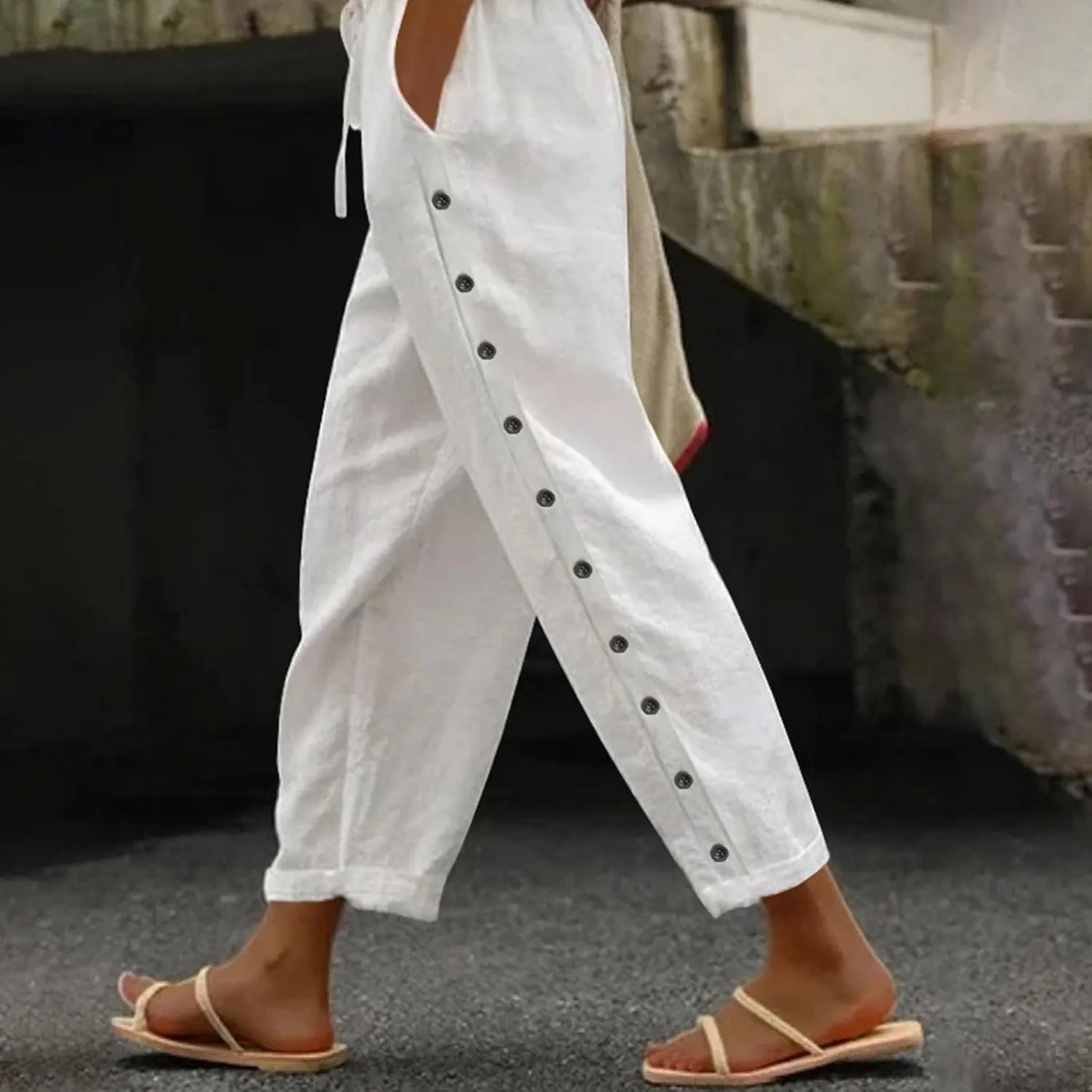 Linen Pants for Women Wide Straight Leg Side Button Pants 2025 Trendy Baggy Elastic Waist Trousers with Pockets