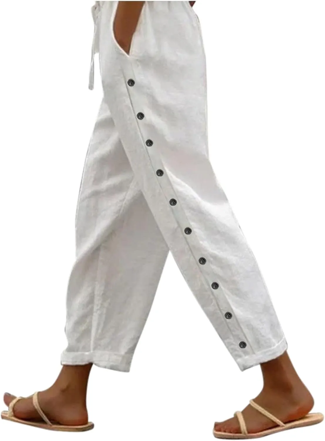 Linen Pants for Women Wide Straight Leg Side Button Pants 2025 Trendy Baggy Elastic Waist Trousers with Pockets