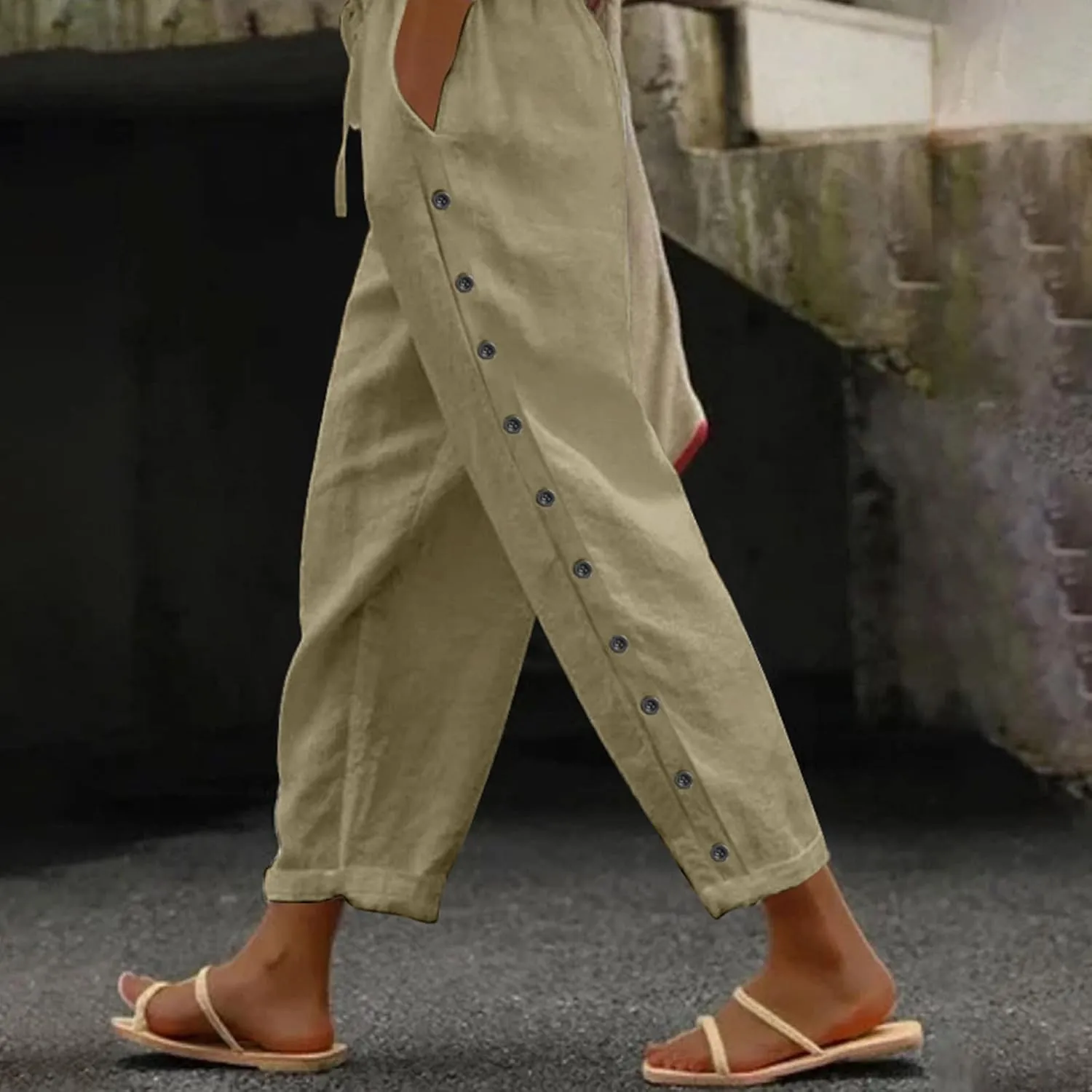 Linen Pants for Women Wide Straight Leg Side Button Pants 2025 Trendy Baggy Elastic Waist Trousers with Pockets