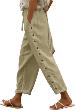 Linen Pants for Women Wide Straight Leg Side Button Pants 2025 Trendy Baggy Elastic Waist Trousers with Pockets