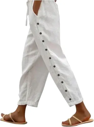 Linen Pants for Women Wide Straight Leg Side Button Pants 2025 Trendy Baggy Elastic Waist Trousers with Pockets