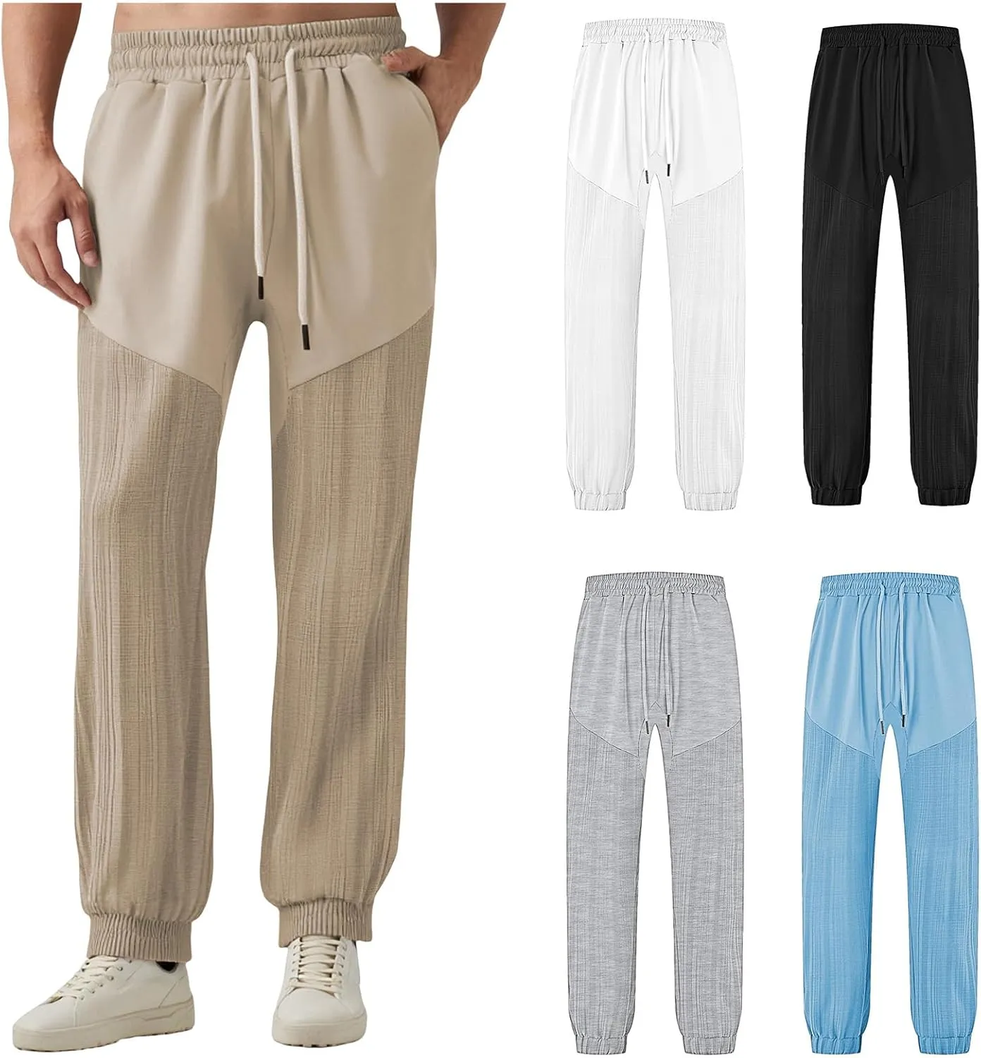 Linen Pants Men Casual Loose Joggers Athletic Sweatpants Elastic Drawstring Waist Pants Lightweight Breathable Trousers